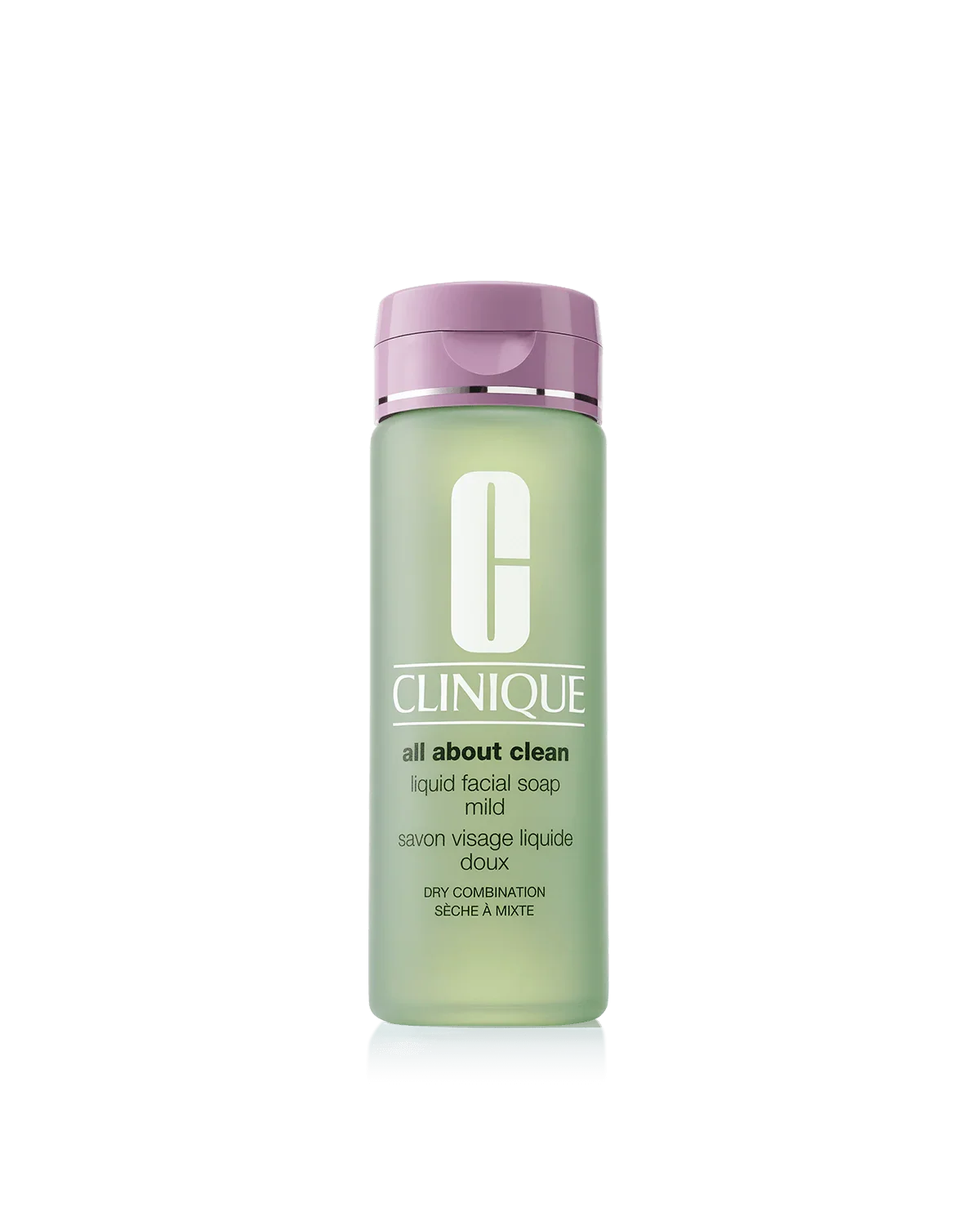 Clinique liquid facial soap bottle with pink cap on a white background