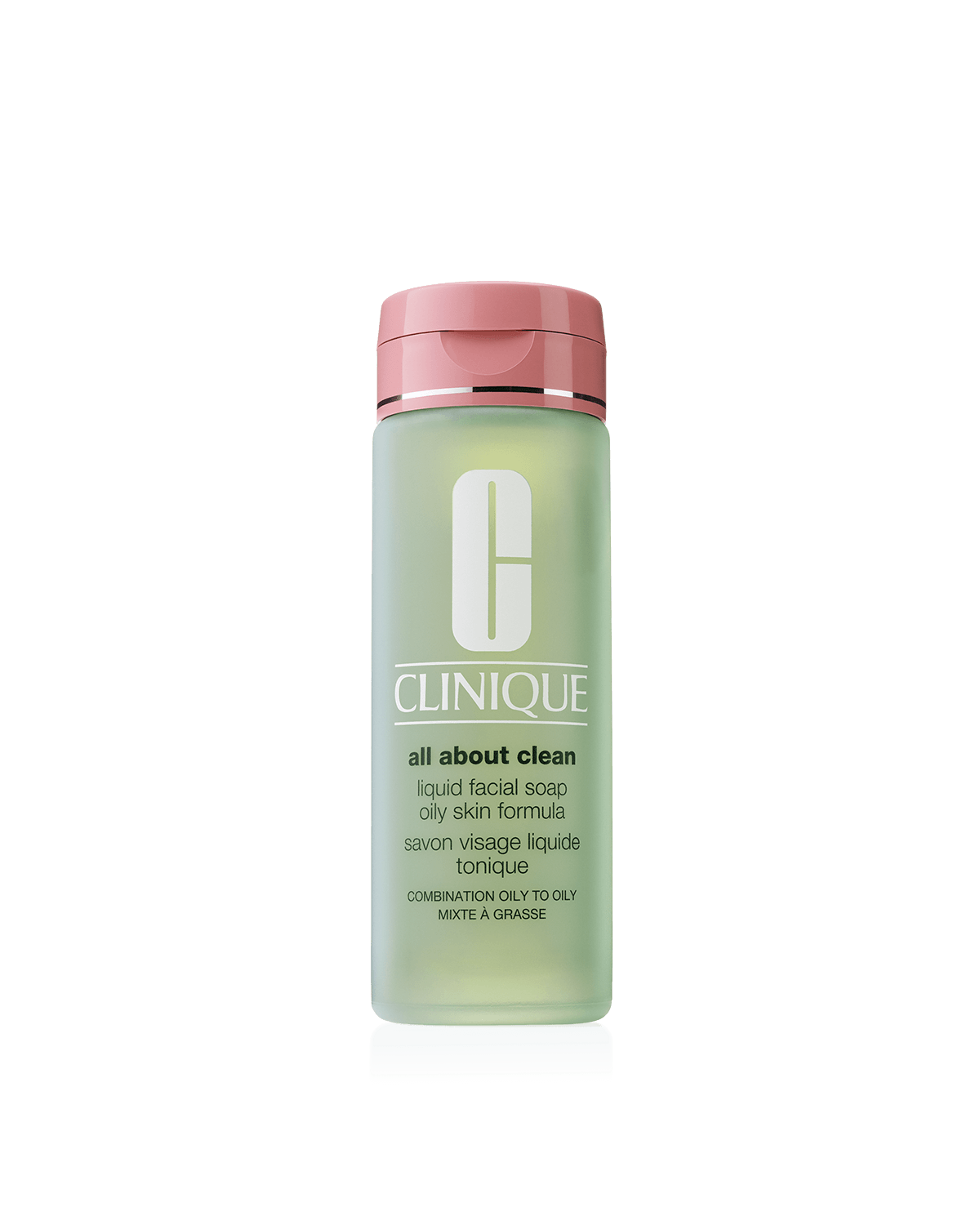 Clinique liquid facial soap bottle with pink cap on a white background
