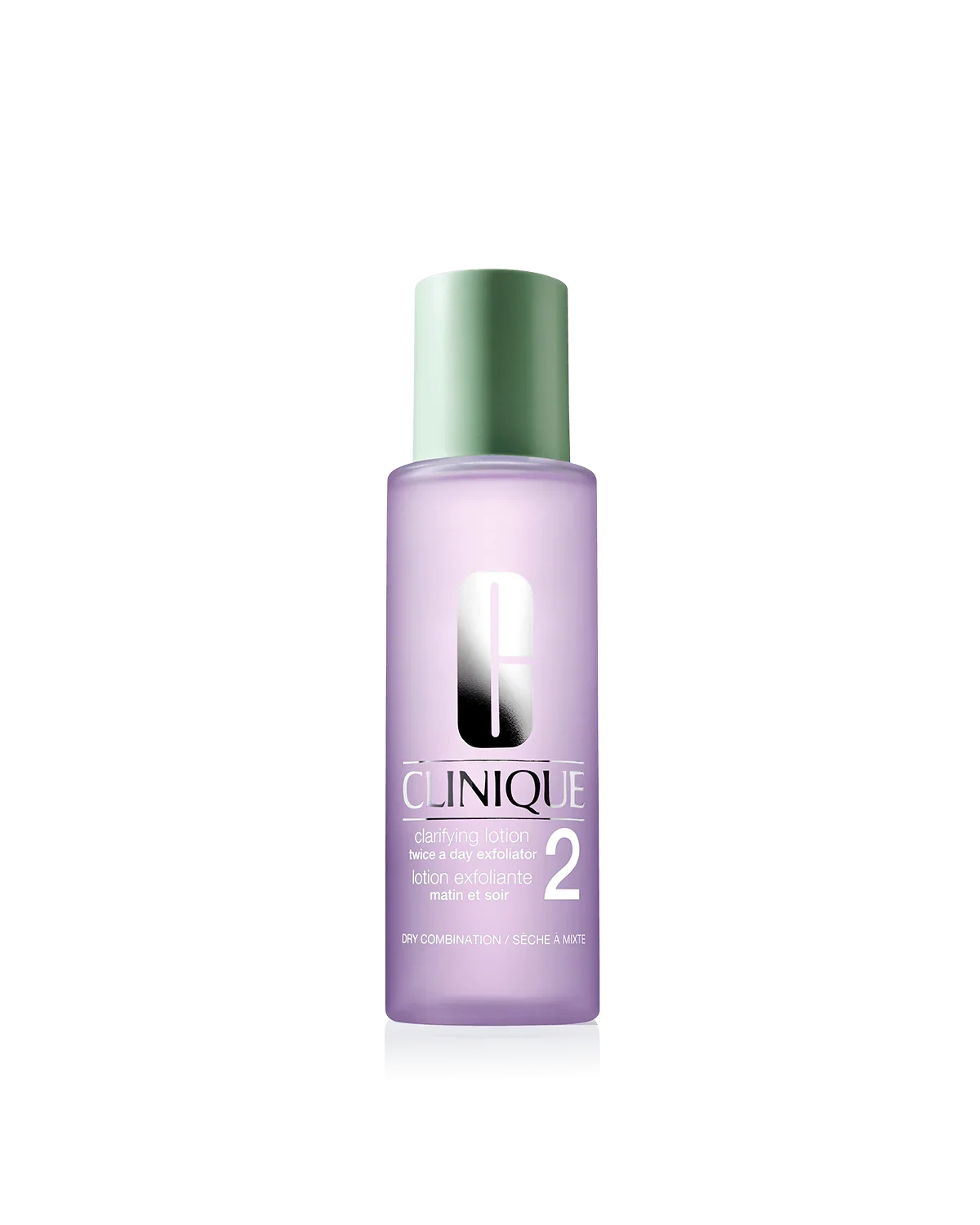 Clinique skincare bottle with a green cap on a white background