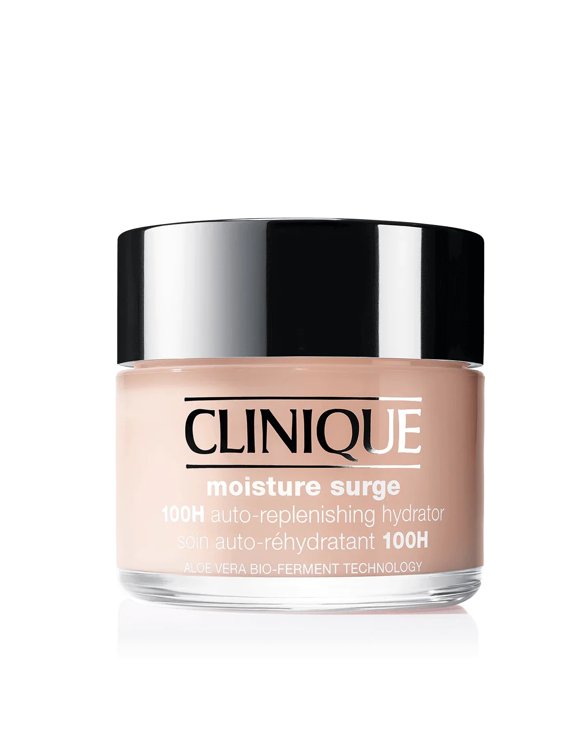 Clinique moisture surge hydrator jar on a black background