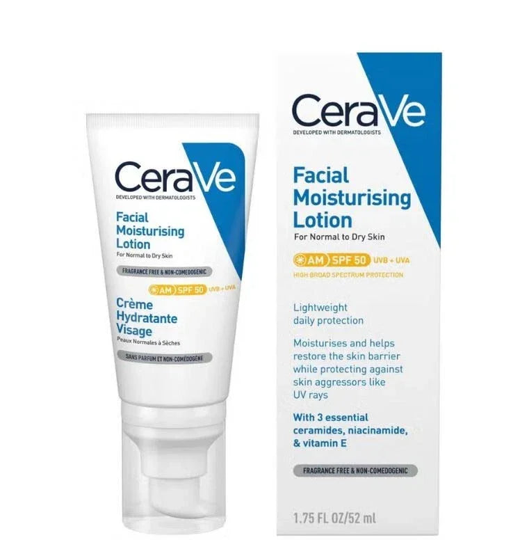 مرطب الوجه CeraVe AM بعامل حماية من الشمس 50 وحمض الهيالورونيك وفيتامين E - 52 مل