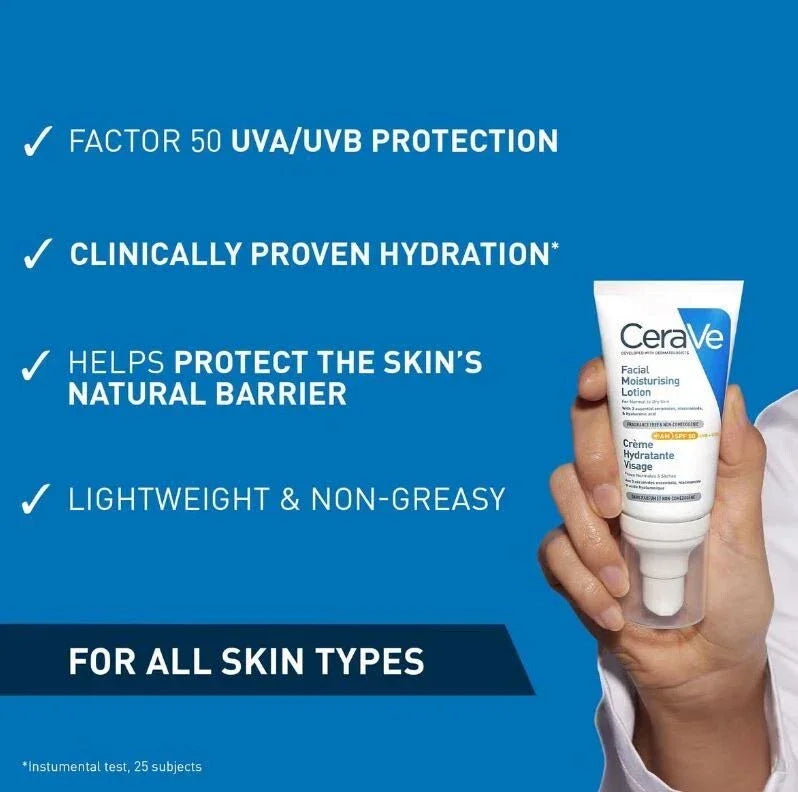 Buy CeraVe AM Facial Moisturiser with SPF50, Hyaluronic Acid and Vitamin E - 52ml at Best Price Online in UAE - Glow Beauty